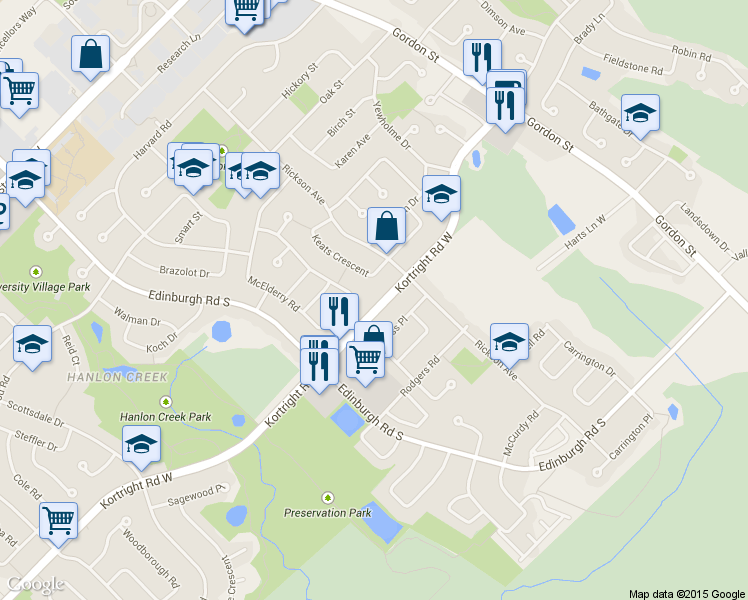 map of restaurants, bars, coffee shops, grocery stores, and more near 47 Keats Crescent in Guelph