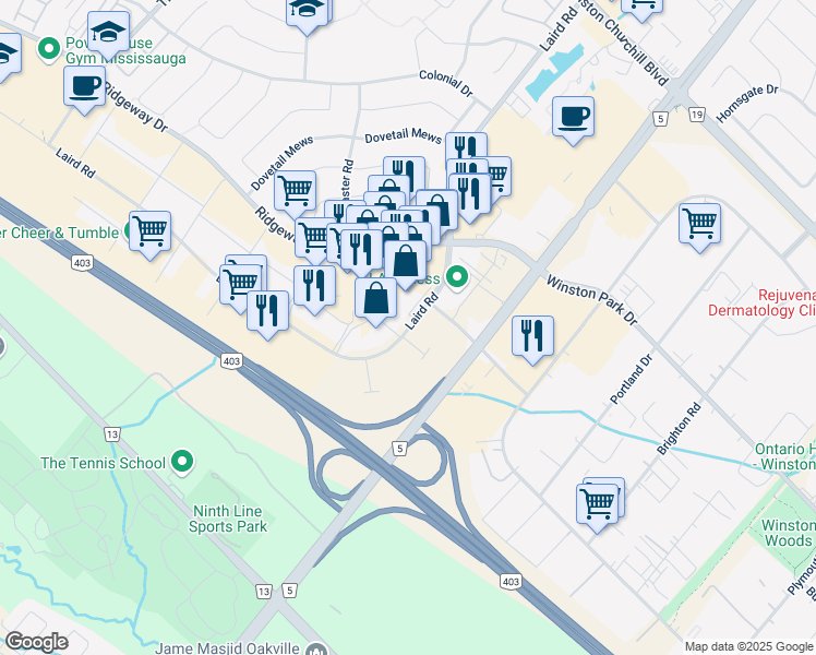 map of restaurants, bars, coffee shops, grocery stores, and more near 3375 Laird Road in Mississauga