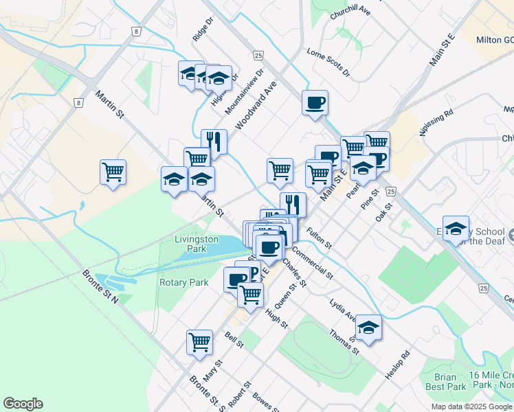 map of restaurants, bars, coffee shops, grocery stores, and more near 81 Millside Drive in Milton