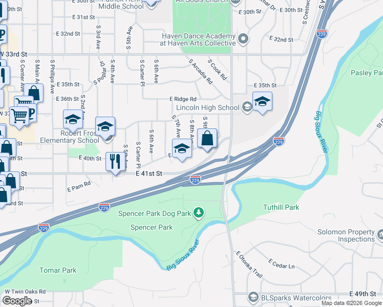 map of restaurants, bars, coffee shops, grocery stores, and more near 1000 East Pam Road in Sioux Falls
