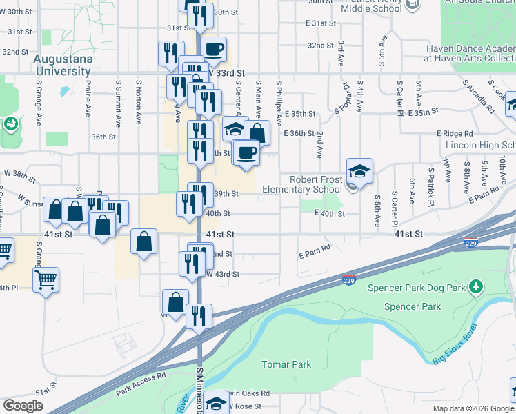 map of restaurants, bars, coffee shops, grocery stores, and more near 117 W 39th St in Sioux Falls