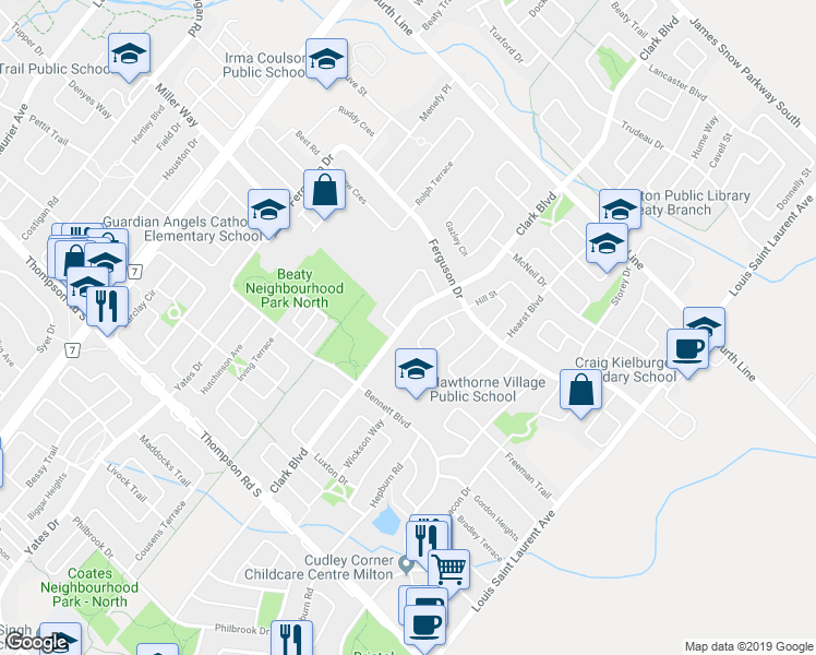 map of restaurants, bars, coffee shops, grocery stores, and more near 1266 Clark Boulevard in Milton