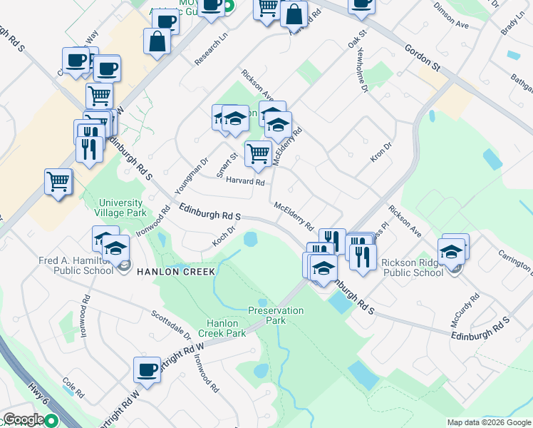 map of restaurants, bars, coffee shops, grocery stores, and more near 43 Brazolot Drive in Guelph