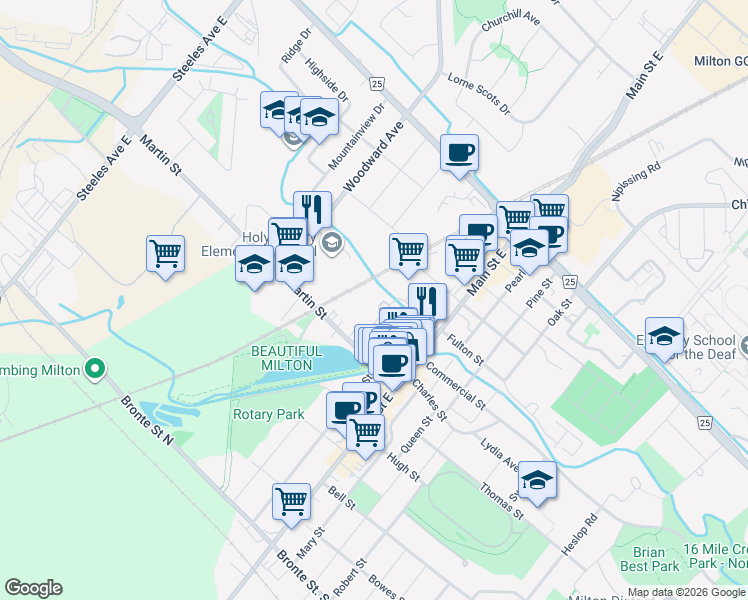 map of restaurants, bars, coffee shops, grocery stores, and more near 81 Millside Drive in Milton