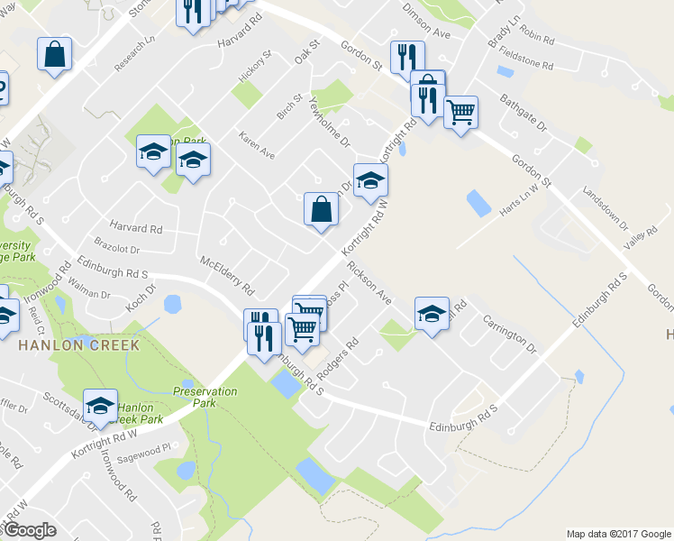 map of restaurants, bars, coffee shops, grocery stores, and more near 124 Kortright Road West in Guelph