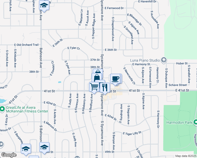 map of restaurants, bars, coffee shops, grocery stores, and more near 3225 South Sycamore Avenue in Sioux Falls