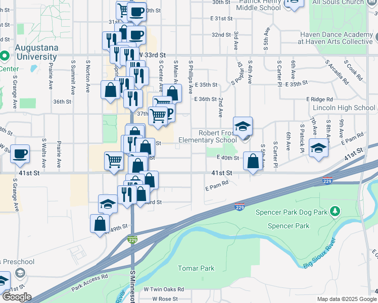 map of restaurants, bars, coffee shops, grocery stores, and more near 3109 South Phillips Avenue in Sioux Falls