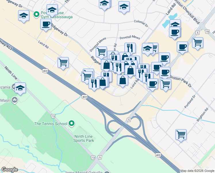 map of restaurants, bars, coffee shops, grocery stores, and more near 3495 Laird Road in Mississauga