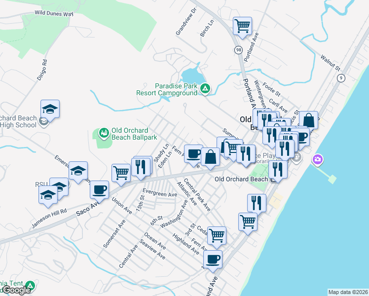 map of restaurants, bars, coffee shops, grocery stores, and more near 32 Fern Park Avenue in Old Orchard Beach