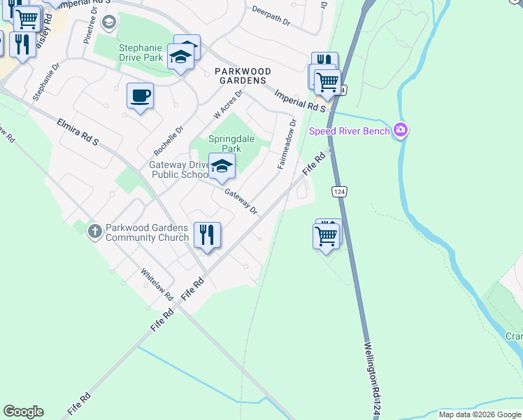 map of restaurants, bars, coffee shops, grocery stores, and more near 105 Fife Road in Guelph