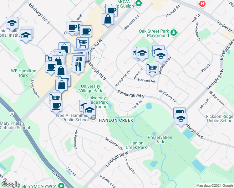 map of restaurants, bars, coffee shops, grocery stores, and more near 583 Edinburgh Road South in Guelph