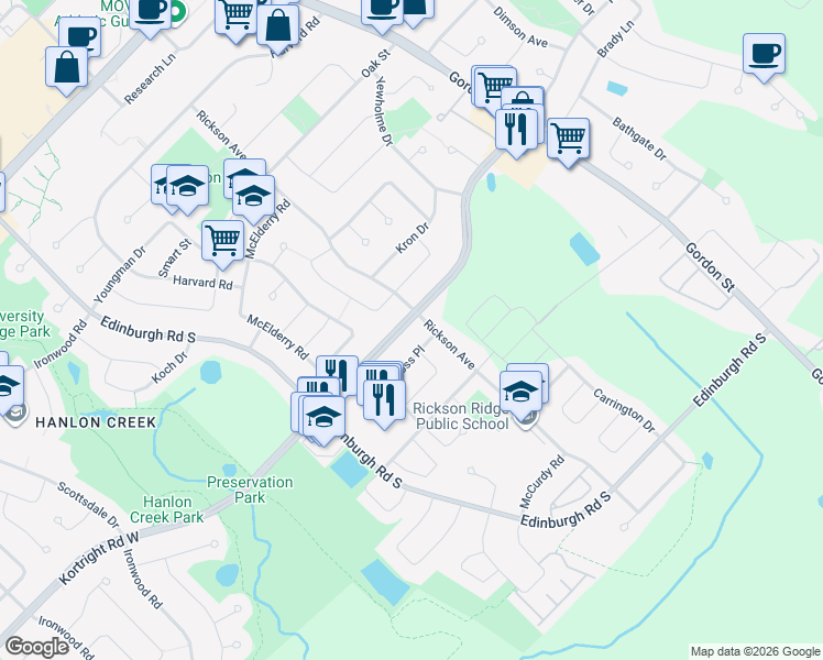 map of restaurants, bars, coffee shops, grocery stores, and more near 116 Kortright Road West in Guelph