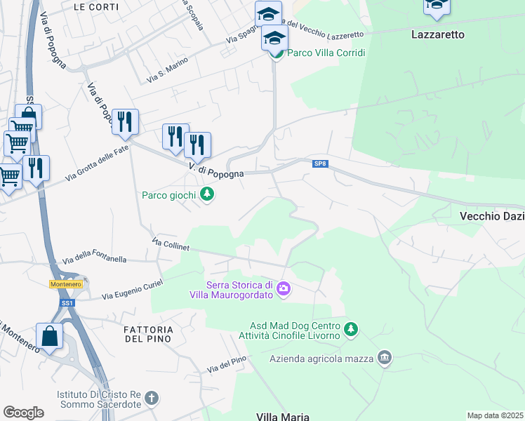 map of restaurants, bars, coffee shops, grocery stores, and more near 18 Via di Monterotondo in Livorno