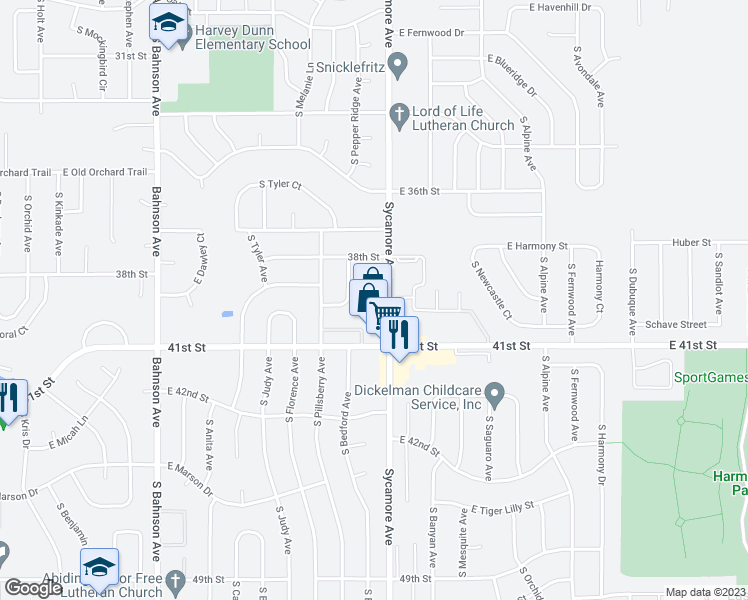 map of restaurants, bars, coffee shops, grocery stores, and more near 3225 South Sycamore Avenue in Sioux Falls