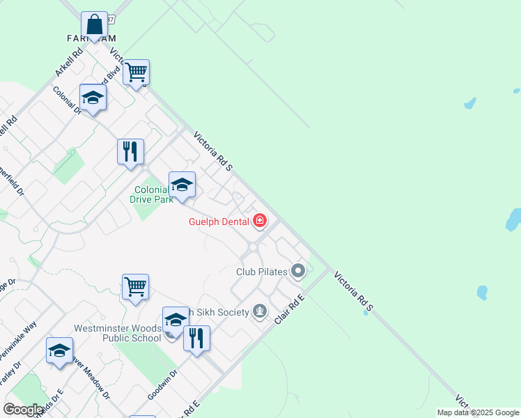 map of restaurants, bars, coffee shops, grocery stores, and more near 19 Waterford Drive in Guelph