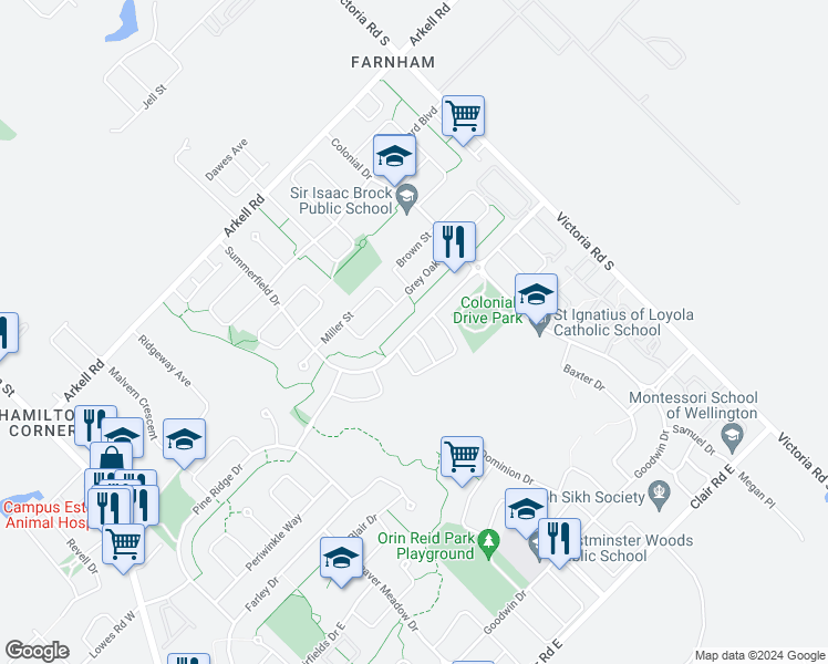 map of restaurants, bars, coffee shops, grocery stores, and more near Summerfield Drive in Guelph