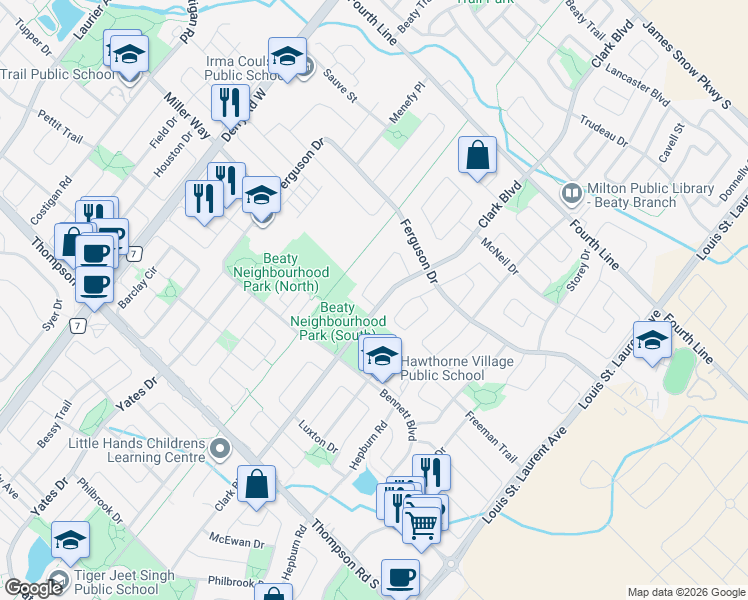 map of restaurants, bars, coffee shops, grocery stores, and more near 803 McKay Crescent in Milton