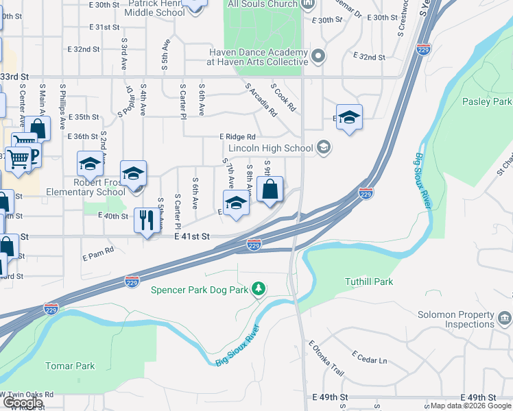 map of restaurants, bars, coffee shops, grocery stores, and more near 1000 East Pam Road in Sioux Falls