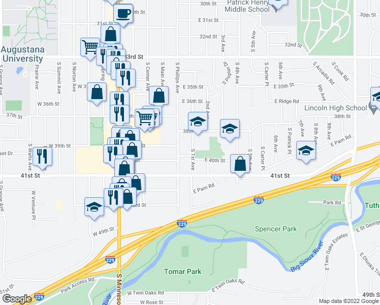 map of restaurants, bars, coffee shops, grocery stores, and more near 3142 S 1st Ave in Sioux Falls