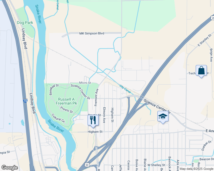 map of restaurants, bars, coffee shops, grocery stores, and more near 1582 Elmore Avenue in Idaho Falls