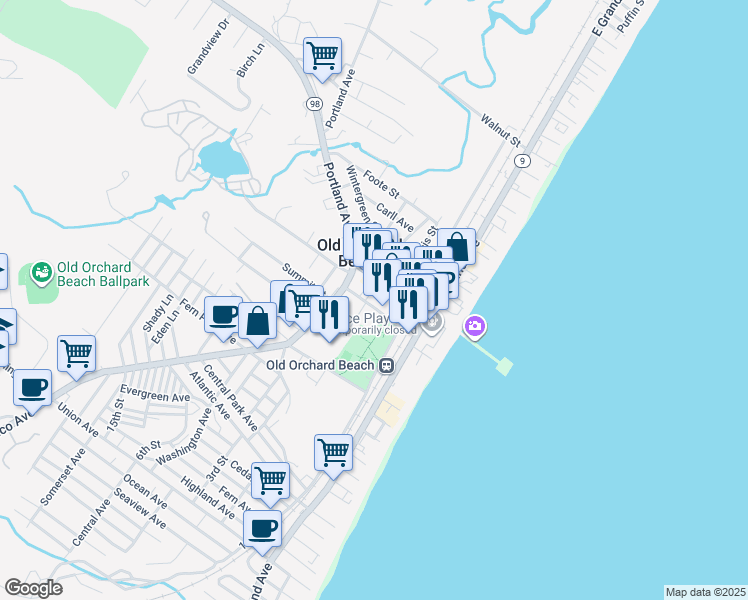 map of restaurants, bars, coffee shops, grocery stores, and more near 34 Staples Street in Old Orchard Beach