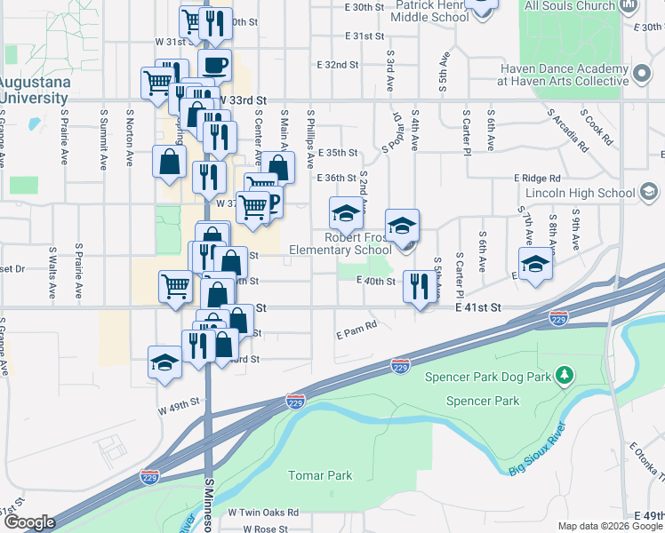 map of restaurants, bars, coffee shops, grocery stores, and more near 3142 S 1st Ave in Sioux Falls