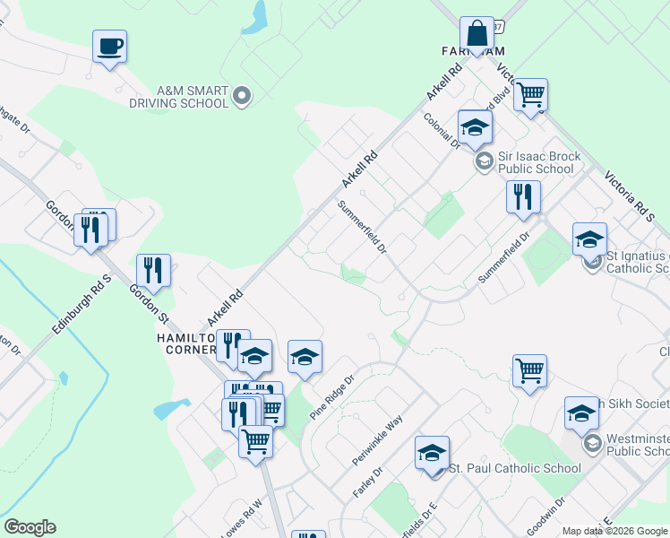 map of restaurants, bars, coffee shops, grocery stores, and more near 65 Amsterdam Crescent in Guelph