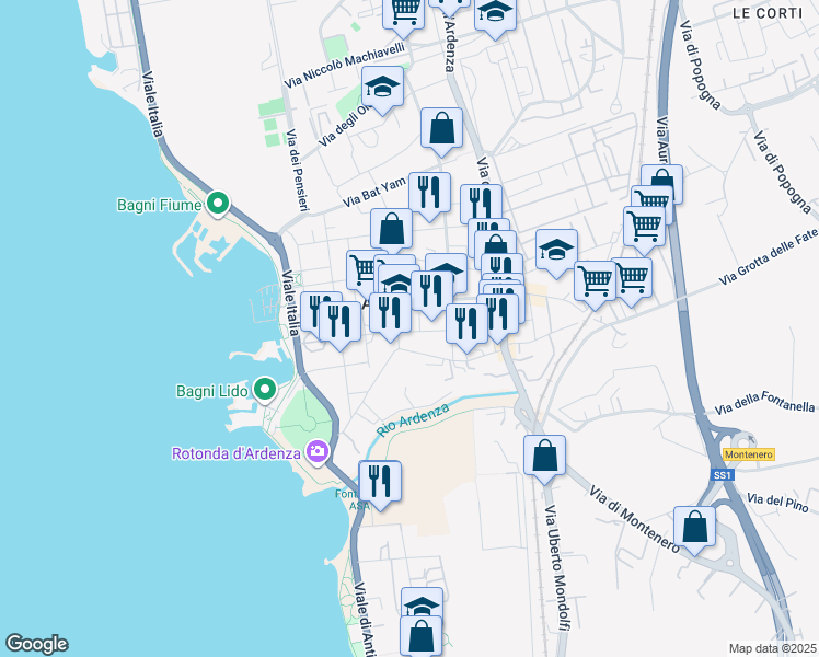 map of restaurants, bars, coffee shops, grocery stores, and more near 102 Via Oreste Franchini in Livorno