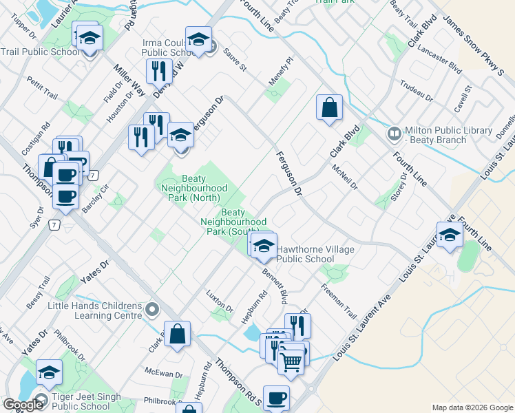 map of restaurants, bars, coffee shops, grocery stores, and more near 803 McKay Crescent in Milton