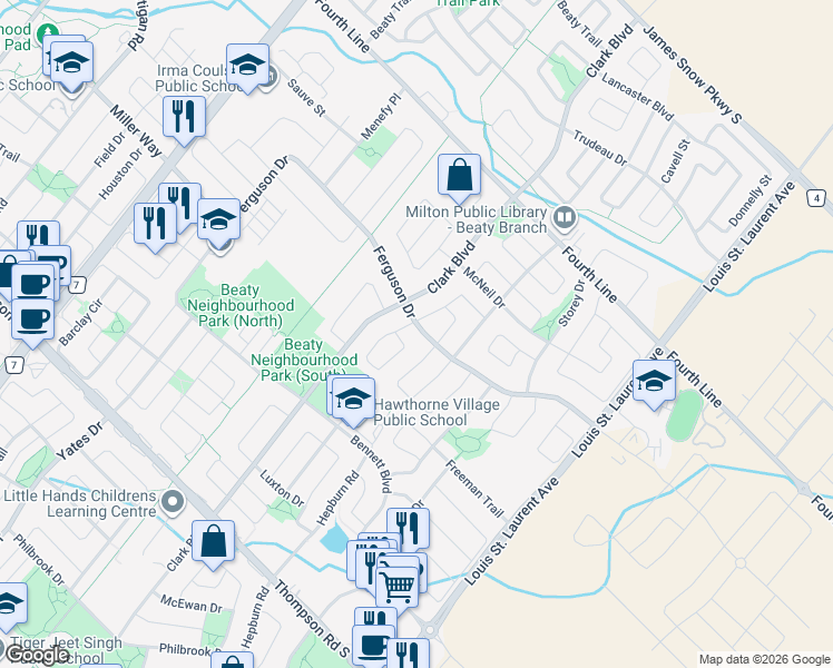 map of restaurants, bars, coffee shops, grocery stores, and more near 872 Ferguson Drive in Milton