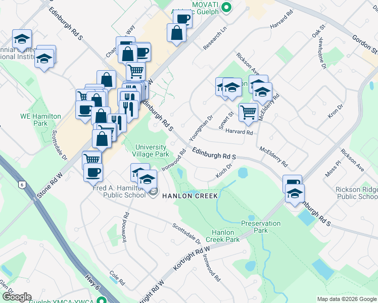 map of restaurants, bars, coffee shops, grocery stores, and more near 581 Edinburgh Road South in Guelph