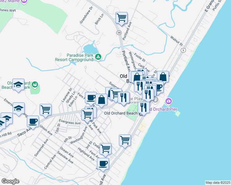 map of restaurants, bars, coffee shops, grocery stores, and more near 4 School Street in Old Orchard Beach