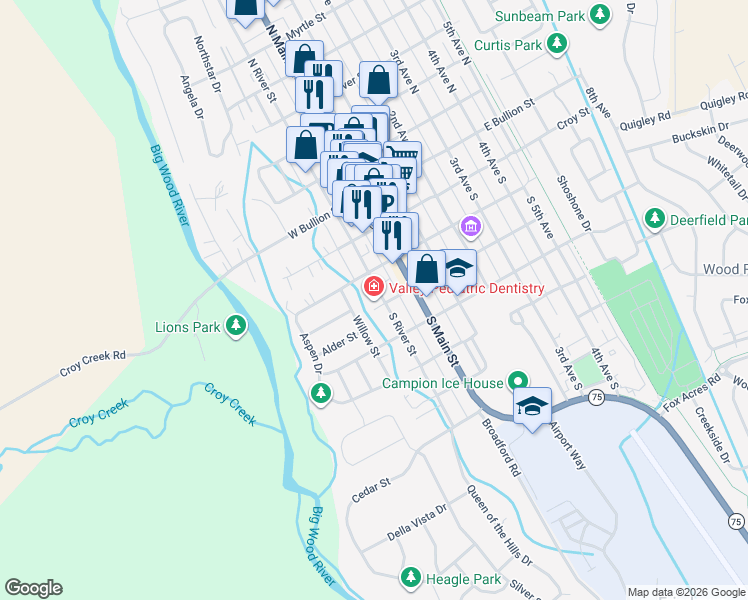 map of restaurants, bars, coffee shops, grocery stores, and more near 307 South River Street in Hailey