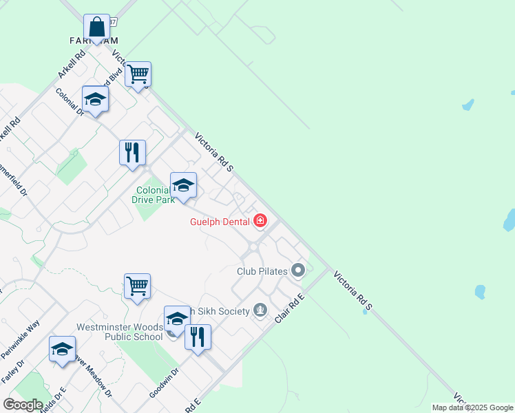 map of restaurants, bars, coffee shops, grocery stores, and more near 19 Waterford Drive in Guelph