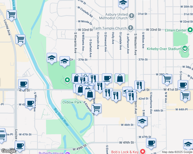 map of restaurants, bars, coffee shops, grocery stores, and more near 3201 South Lincoln Avenue in Sioux Falls