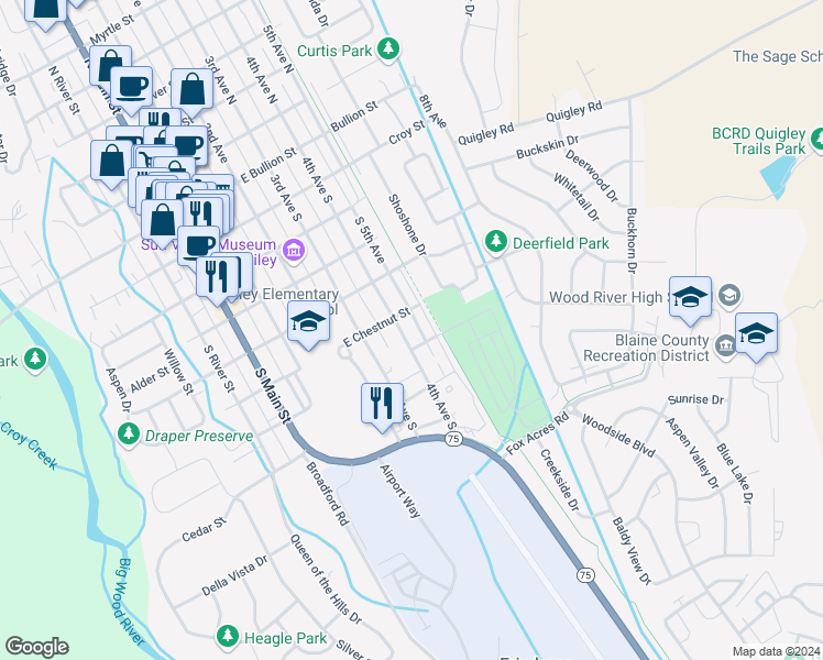 map of restaurants, bars, coffee shops, grocery stores, and more near 614 4th Avenue South in Hailey