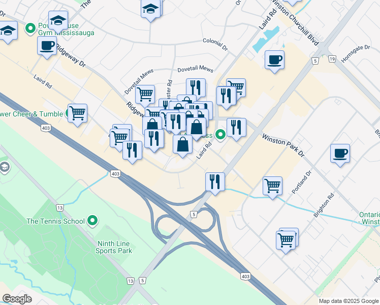 map of restaurants, bars, coffee shops, grocery stores, and more near 3375 Laird Road in Mississauga