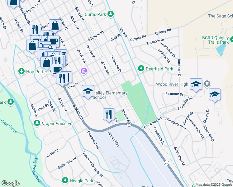 map of restaurants, bars, coffee shops, grocery stores, and more near 614 4th Avenue South in Hailey