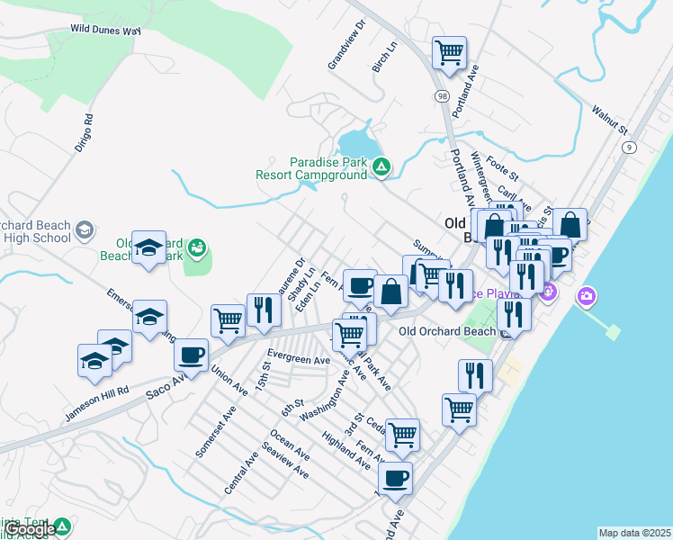 map of restaurants, bars, coffee shops, grocery stores, and more near 32 Fern Park Avenue in Old Orchard Beach