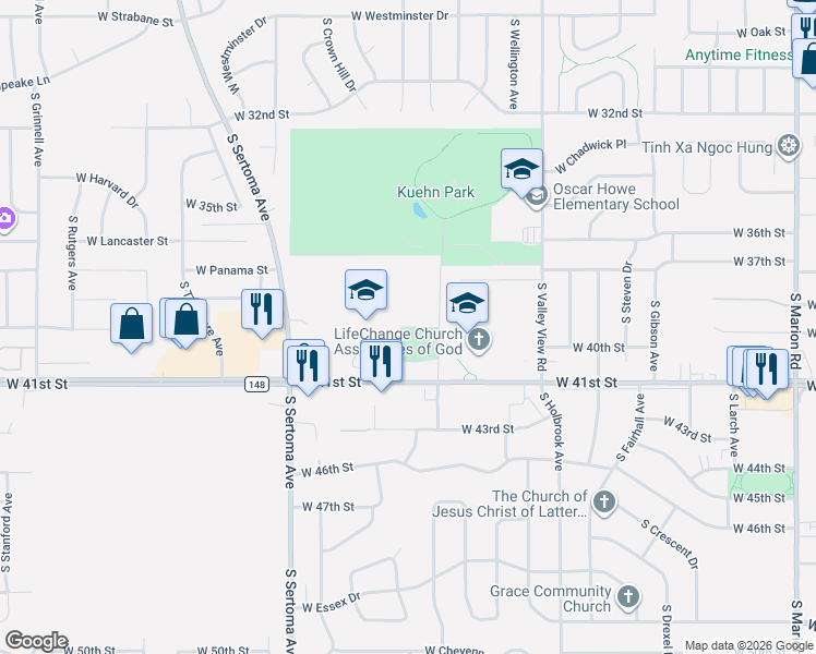 map of restaurants, bars, coffee shops, grocery stores, and more near 3201 South Kuehn Park Road in Sioux Falls