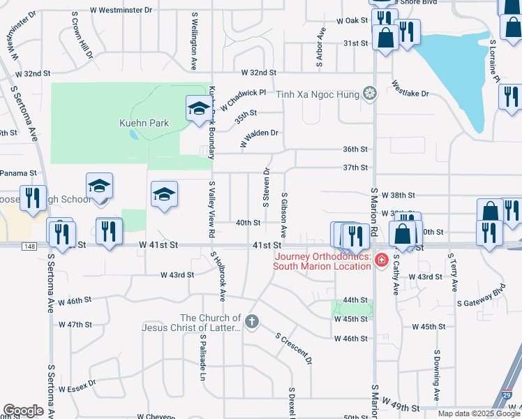map of restaurants, bars, coffee shops, grocery stores, and more near 3201 South Steven Drive in Sioux Falls