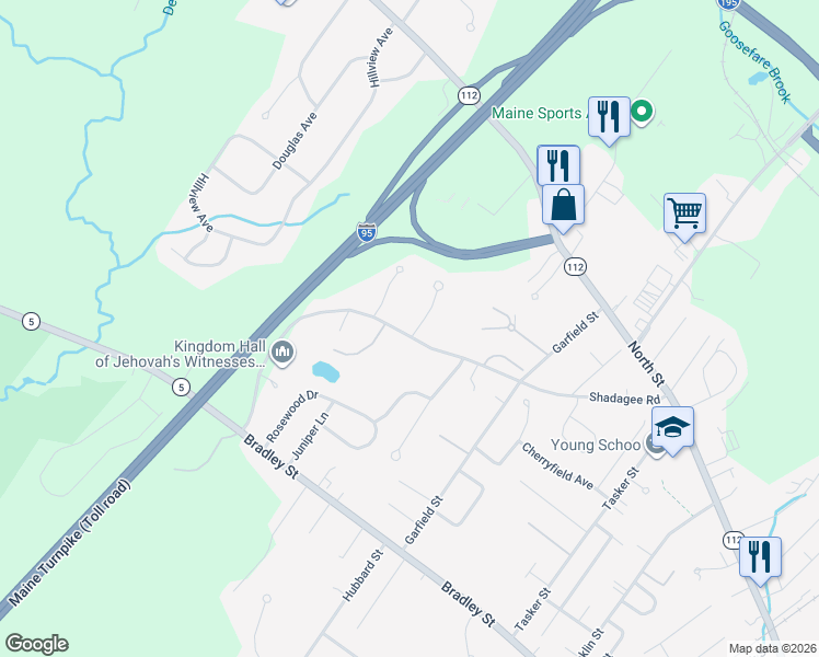 map of restaurants, bars, coffee shops, grocery stores, and more near 61 Shadagee Road in Saco