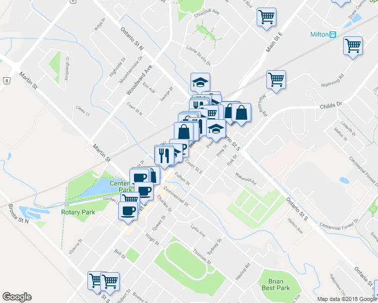 map of restaurants, bars, coffee shops, grocery stores, and more near 368 Main Street East in Milton
