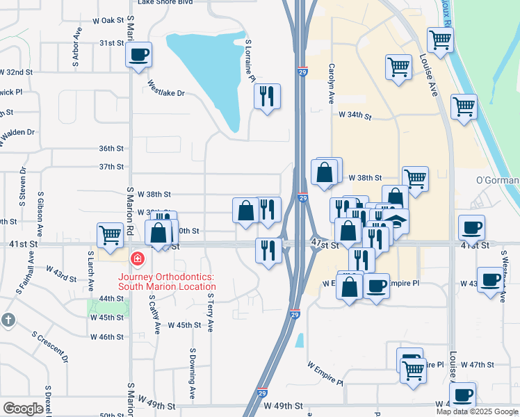 map of restaurants, bars, coffee shops, grocery stores, and more near 4508 West 39th Street in Sioux Falls