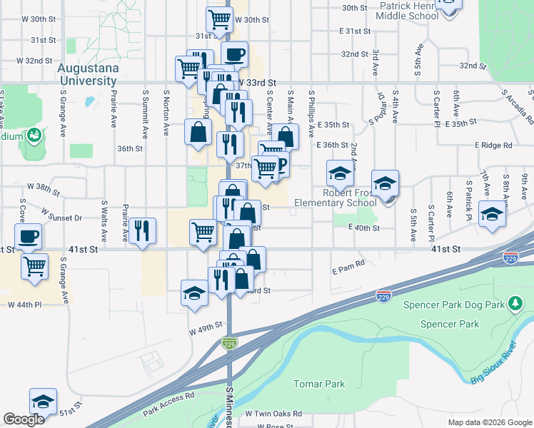 map of restaurants, bars, coffee shops, grocery stores, and more near 229 West 39th Street in Sioux Falls