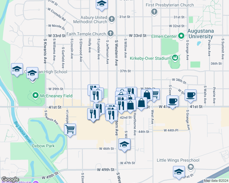 map of restaurants, bars, coffee shops, grocery stores, and more near 3205 South Western Avenue in Sioux Falls