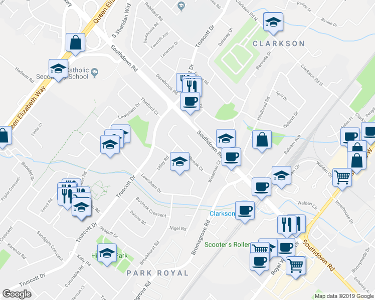 map of restaurants, bars, coffee shops, grocery stores, and more near 1327 Ludbrook Court in Mississauga