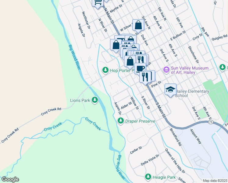 map of restaurants, bars, coffee shops, grocery stores, and more near 311 Walnut Street in Hailey