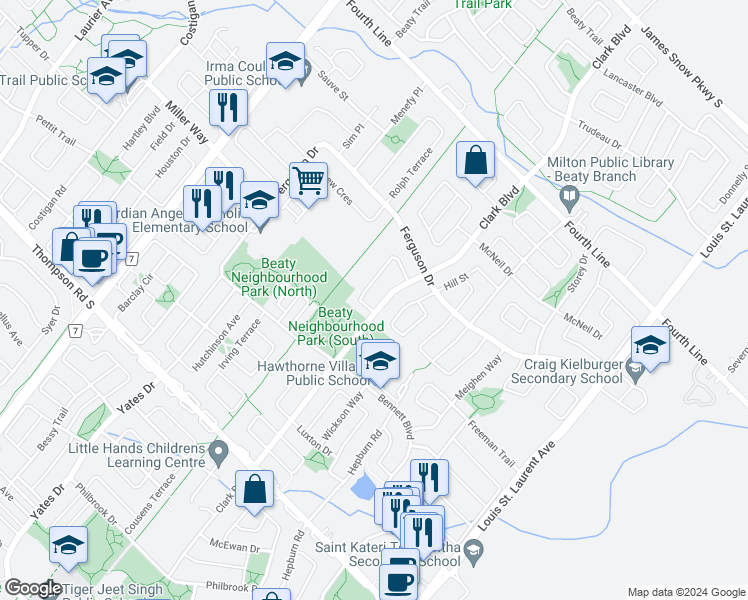 map of restaurants, bars, coffee shops, grocery stores, and more near 1273 Clark Boulevard in Milton