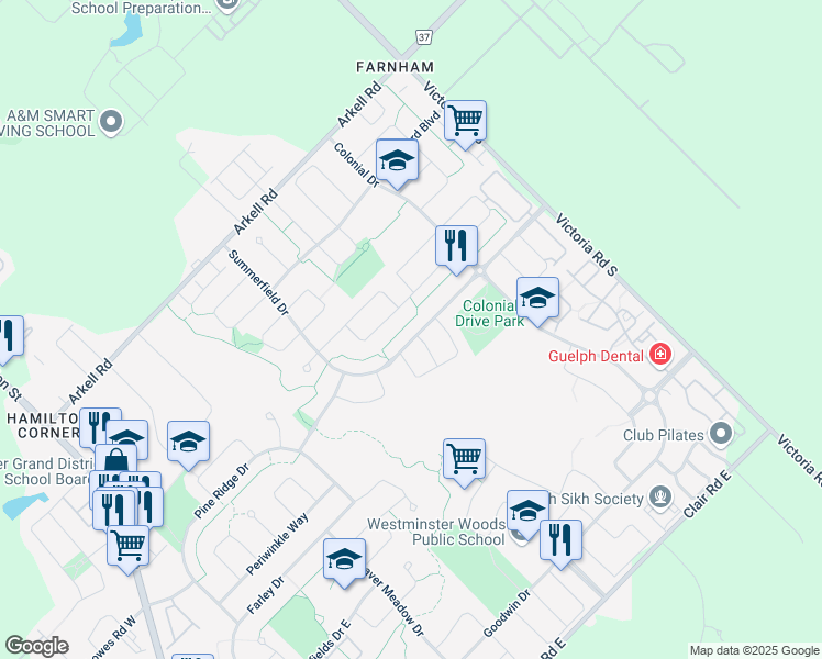 map of restaurants, bars, coffee shops, grocery stores, and more near 182 Summerfield Drive in Guelph